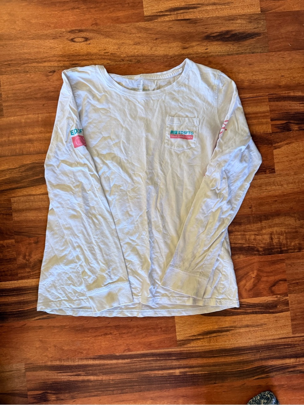 Long-Sleeve Pocket Tee - White with Pink & Teal Accents